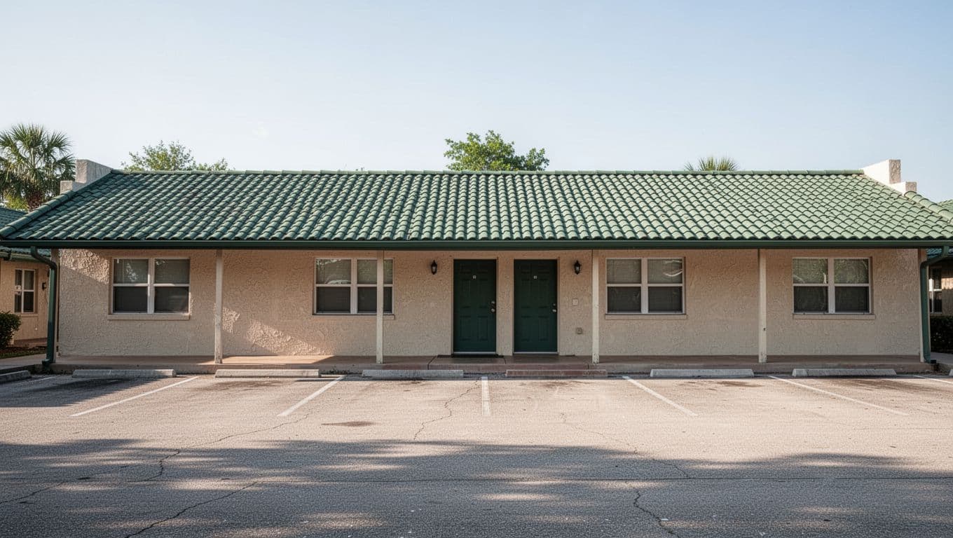 A quiet motel with a green roof and empty sunny parking lot.