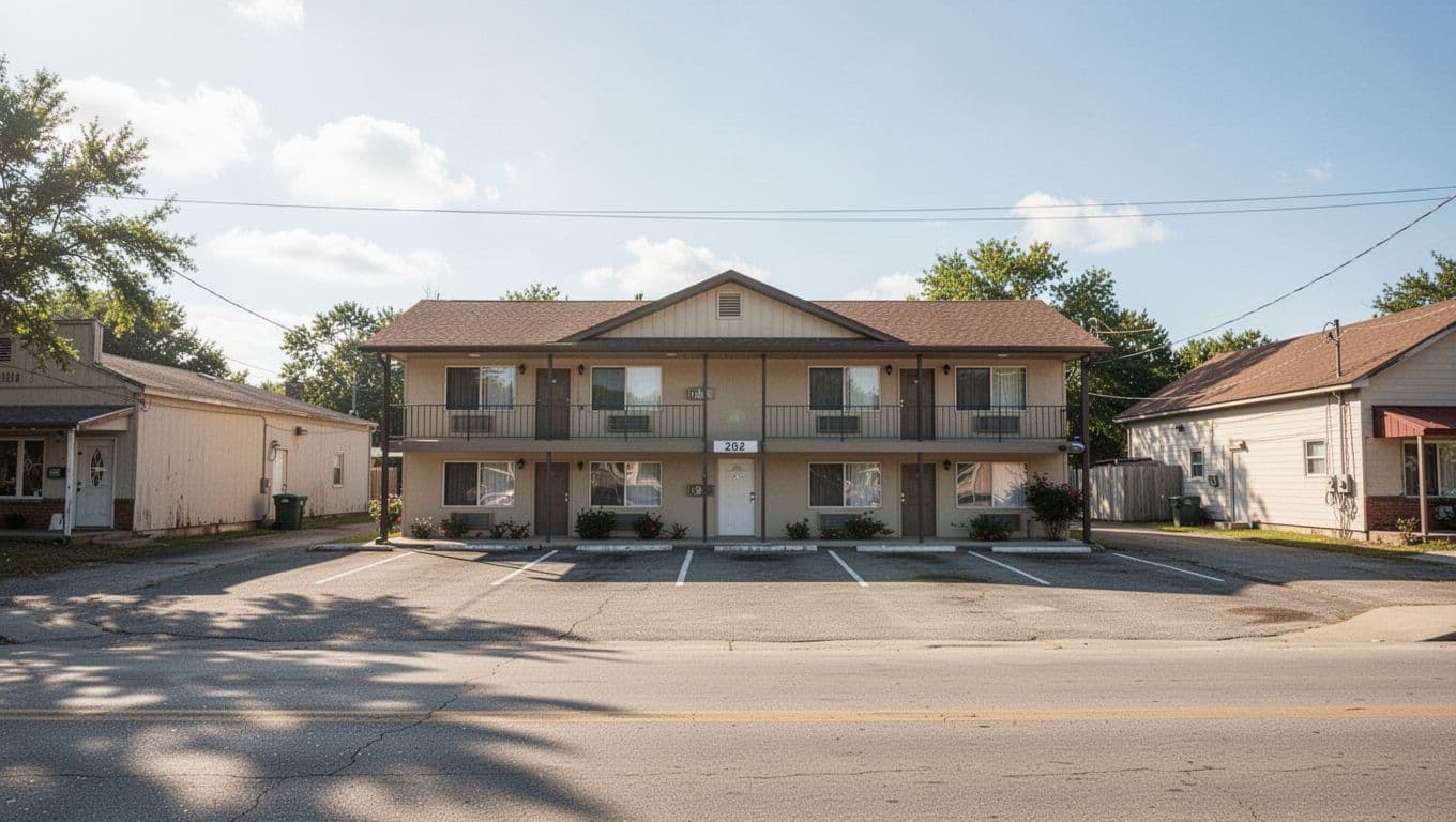 A modest single-story motel exterior in a quiet southern town during daytime.
