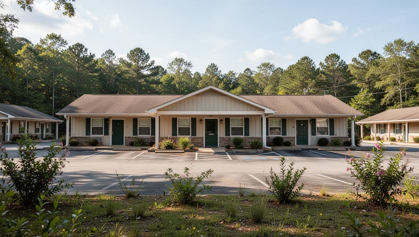 A simple one-story budget motel building under a bright daytime sky.