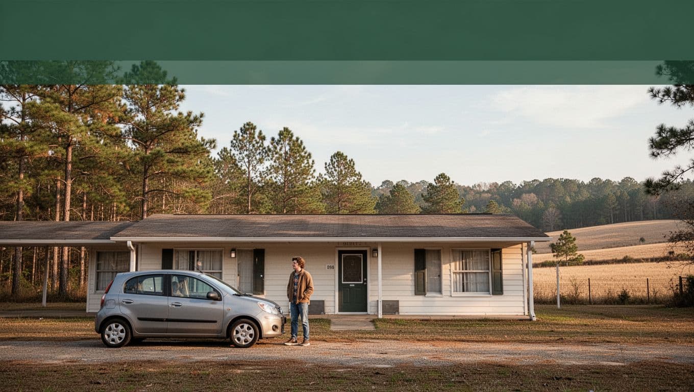 Exterior of a rural Alabama motel with a person standing near a parked car.