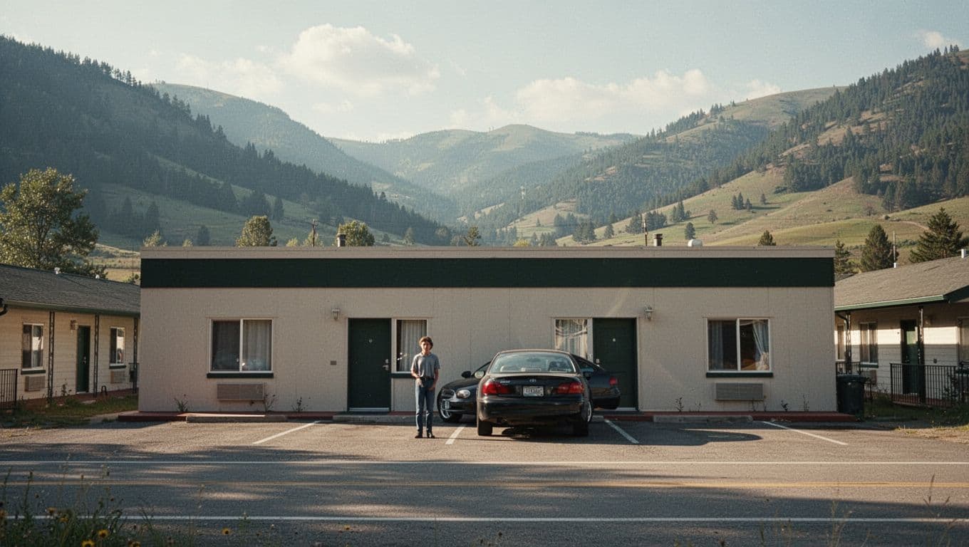 A quiet roadside motel in a rural valley with a small figure near a parked car.