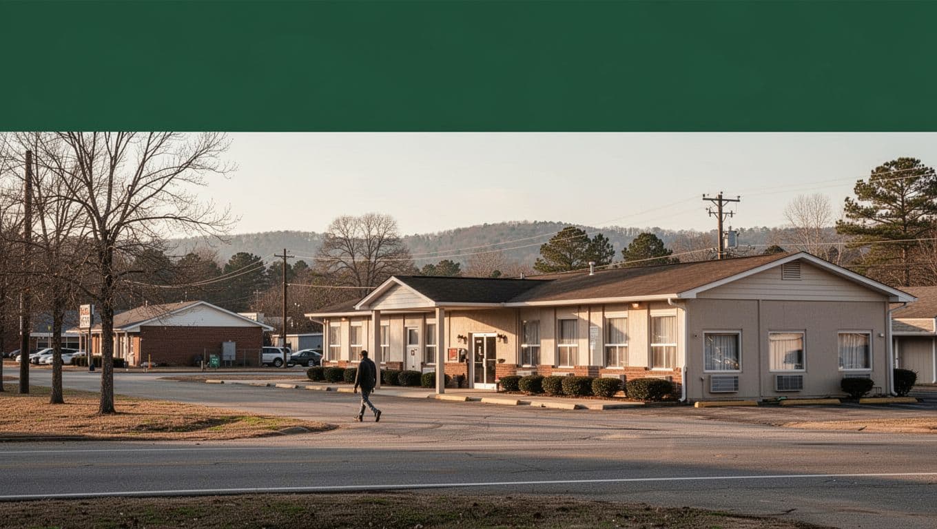 An editorial illustration of a modest motel exterior with a green banner at the top and one person nearby.
