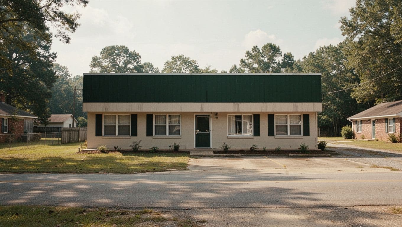 A modest budget motel and exterior sign in a quiet rural setting under bright daytime sun.