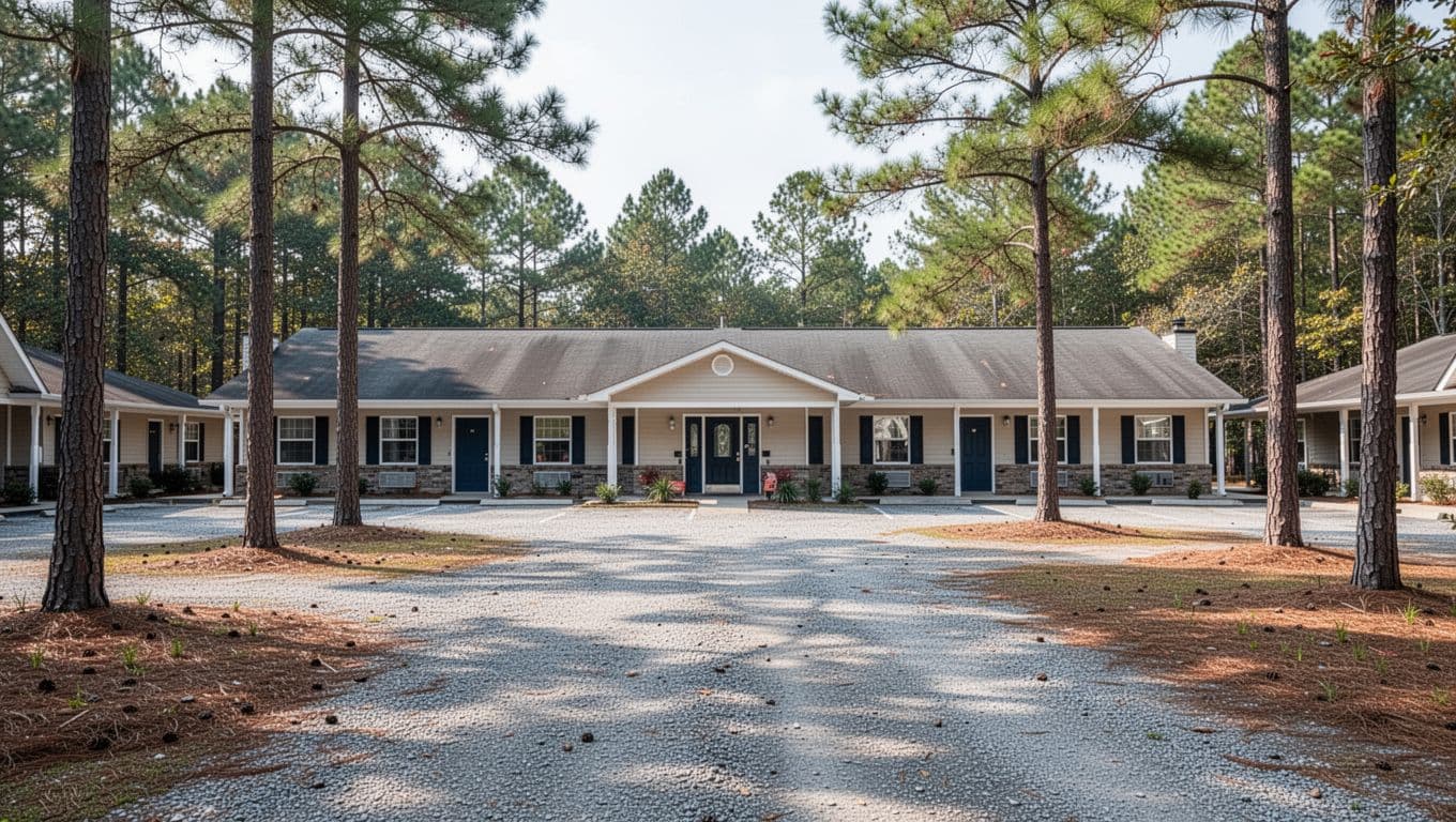 A budget motel beside a gravel lot and pine trees beneath a green headline band.