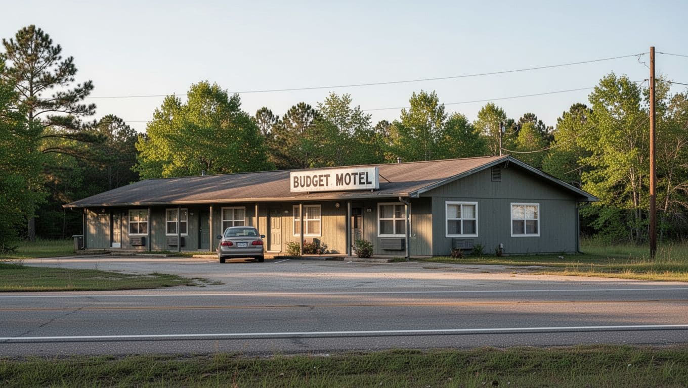 A budget motel exterior along a southern highway with a dark green accent band.