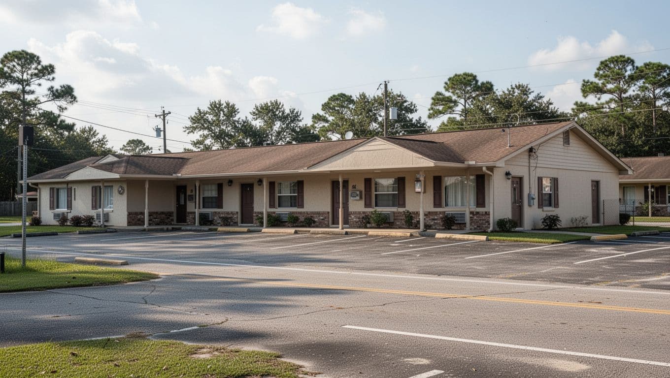 A simple one-story motel exterior with parking spaces under daylight.
