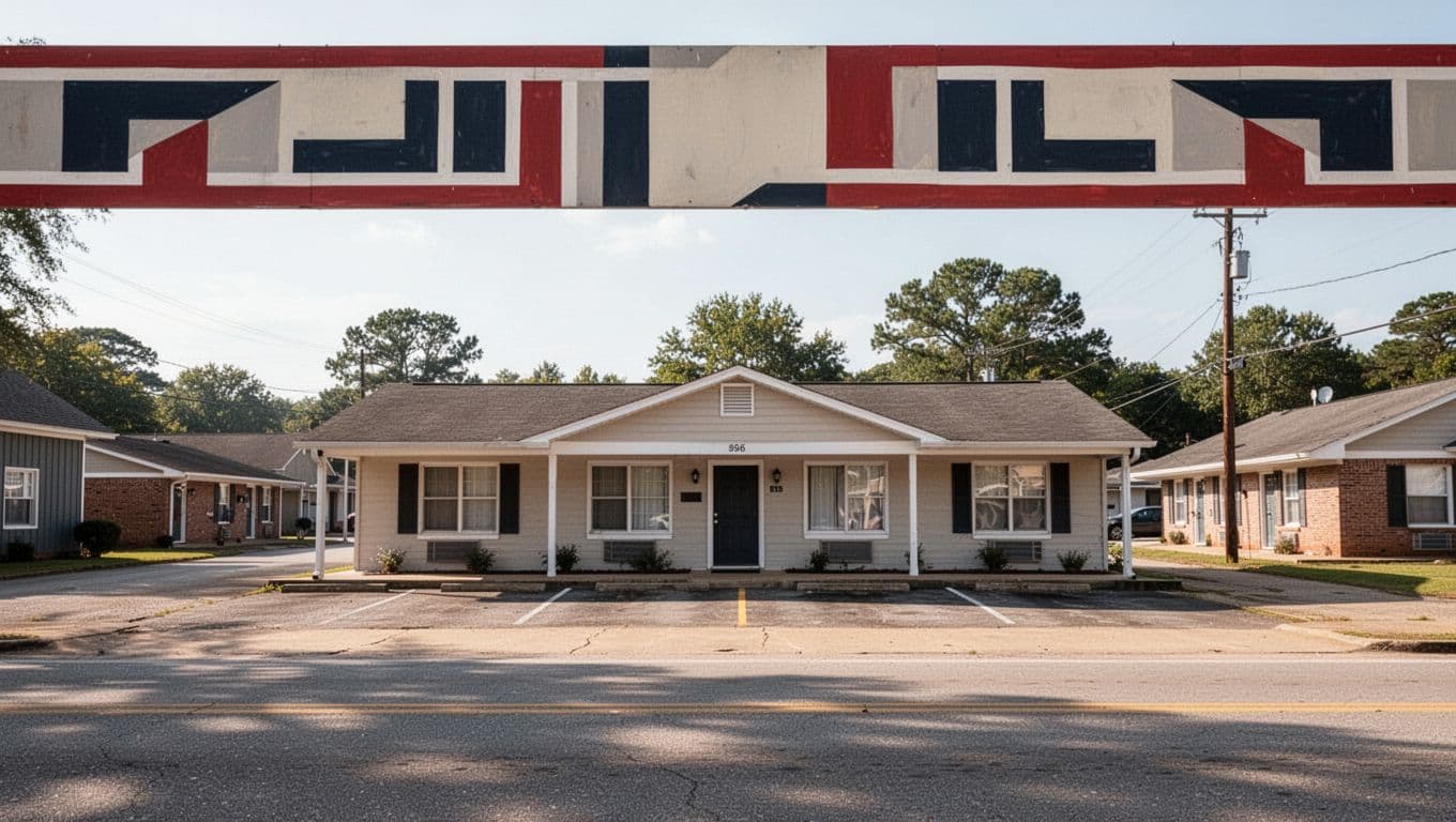 A modest single-story motel building in a small town under bright daylight.