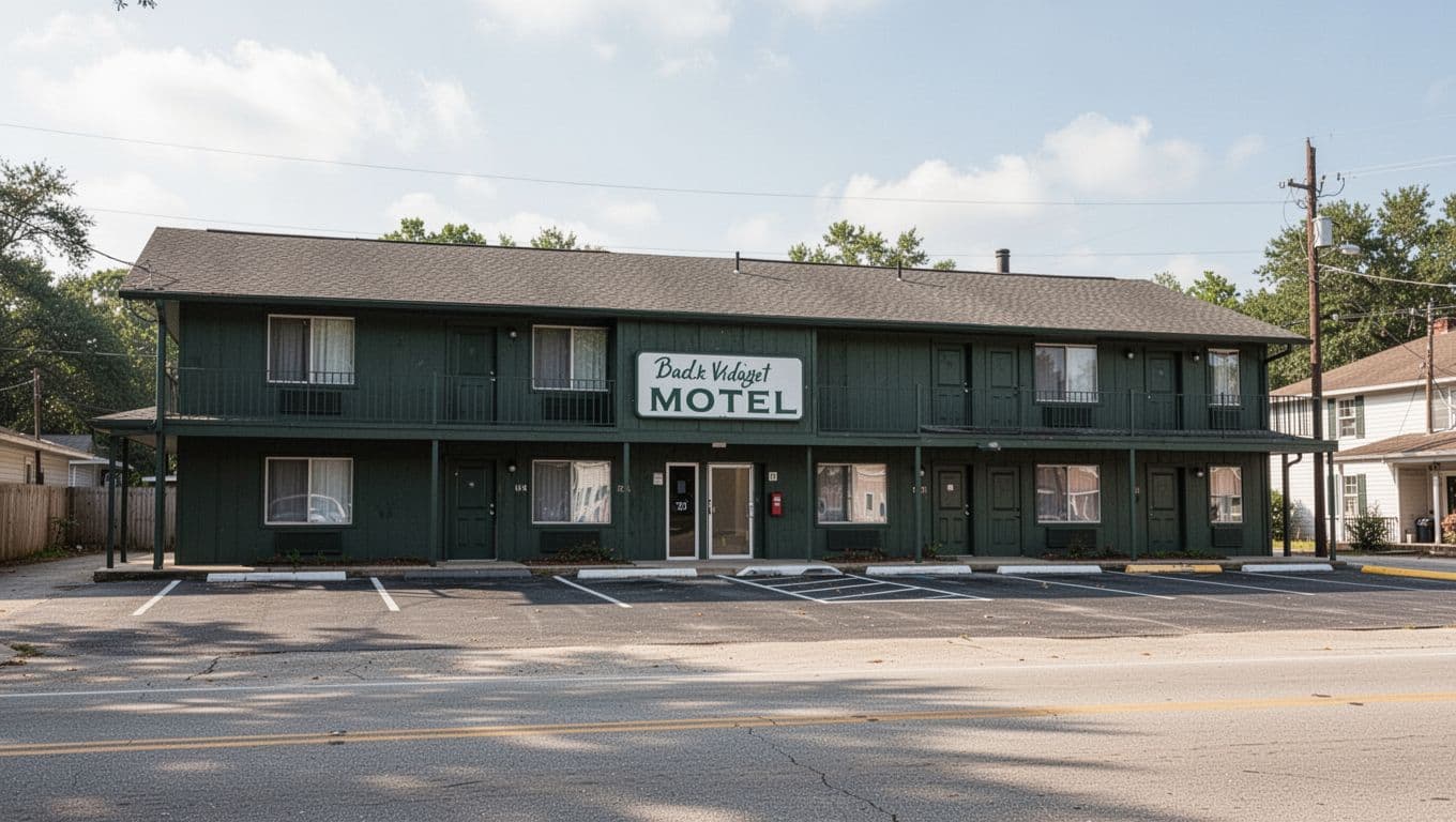 The exterior of a modest dark green budget motel viewed from the street.