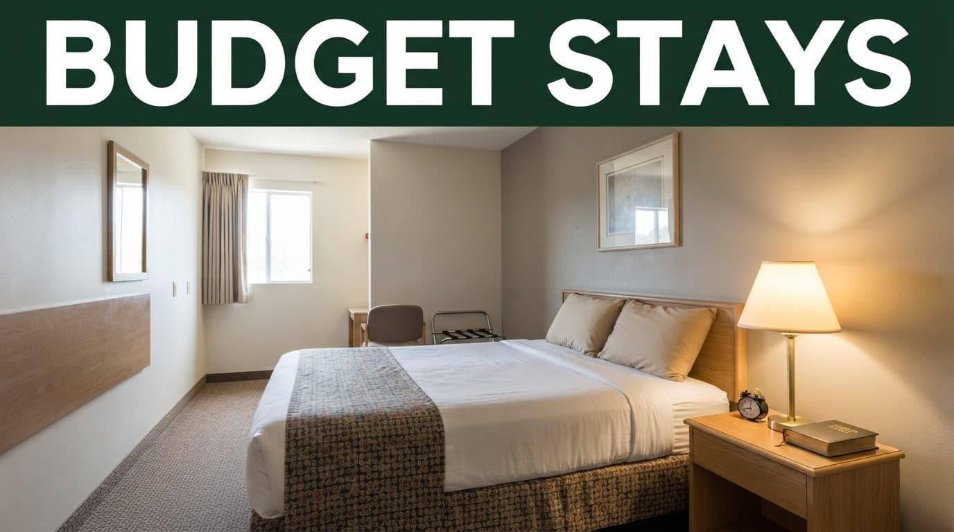 A made bed and glowing bedside lamp in a simple budget motel room.
