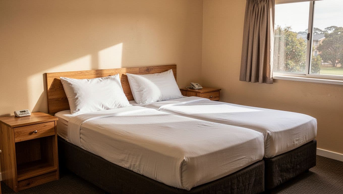 A neat double bed and wooden furniture inside a simple motel room.