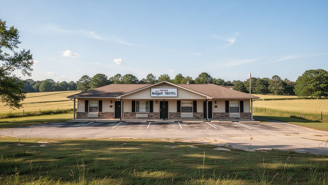 An exterior view of a low-rise budget motel under a bright daytime sky.