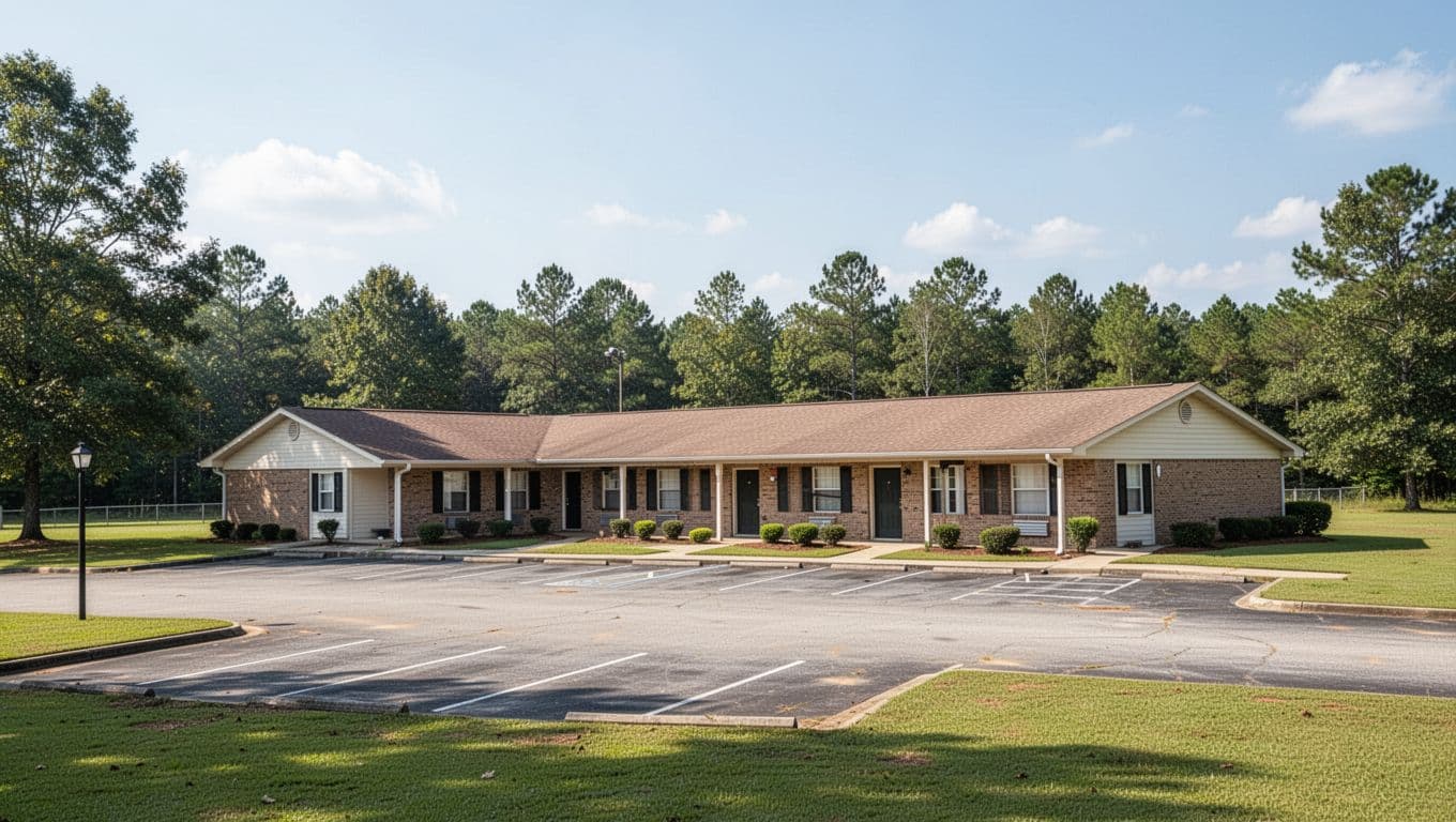 An exterior view of a low-rise motel with empty parking spaces in front.