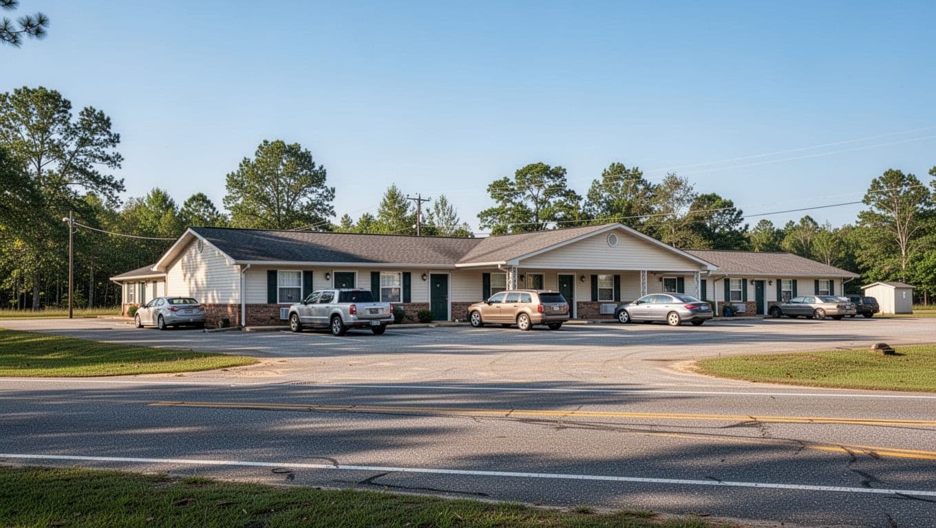 A modest single-story motel building with parked cars under a blue sky.