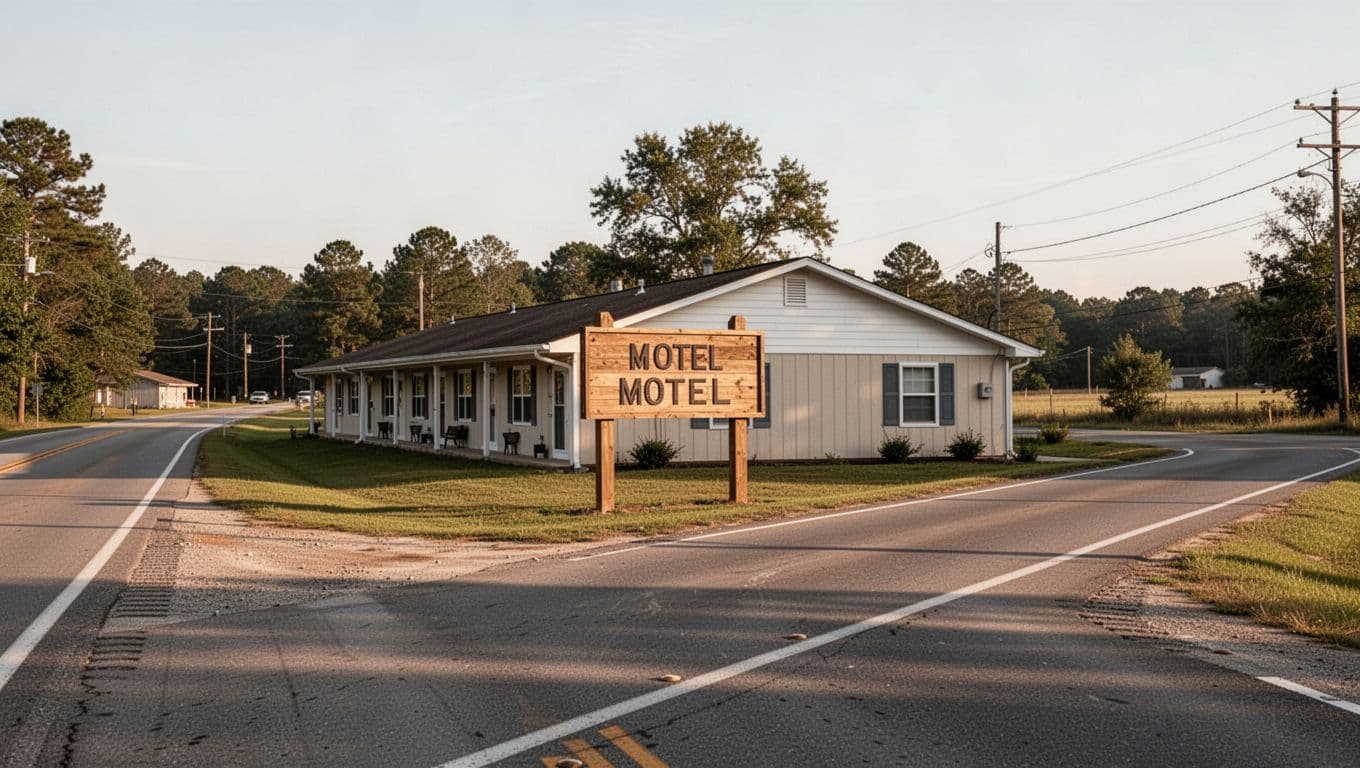A blank metal motel sign stands beside a quiet highway in the afternoon sun.