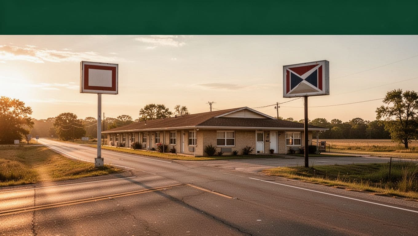 A vintage motel sign along a quiet highway at sunset.