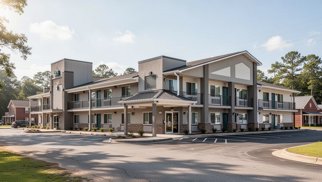 A clean one-story motel exterior with a paved parking lot in a rural setting.