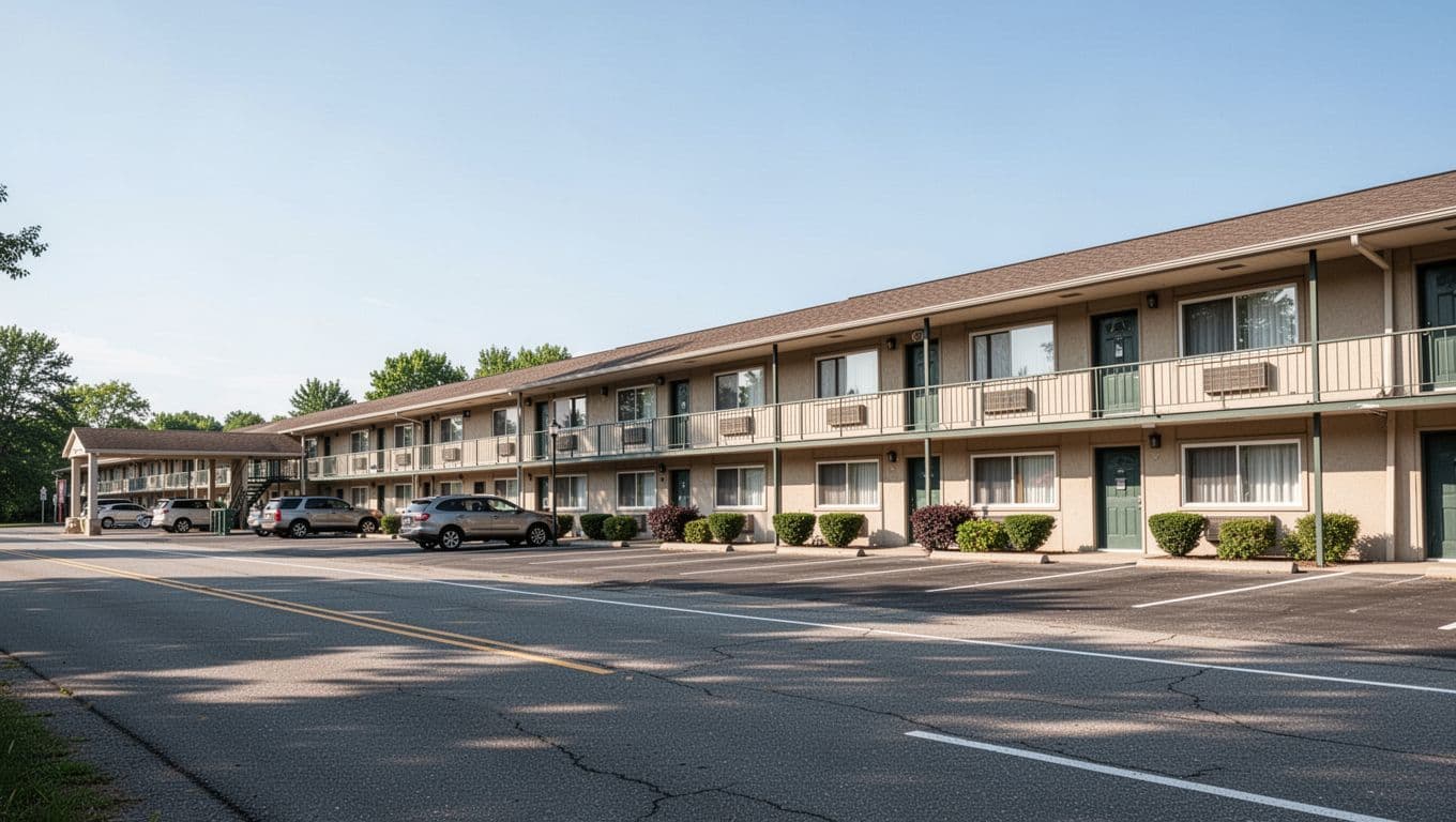 A simple roadside motel with guest rooms and parking under a clear sky.