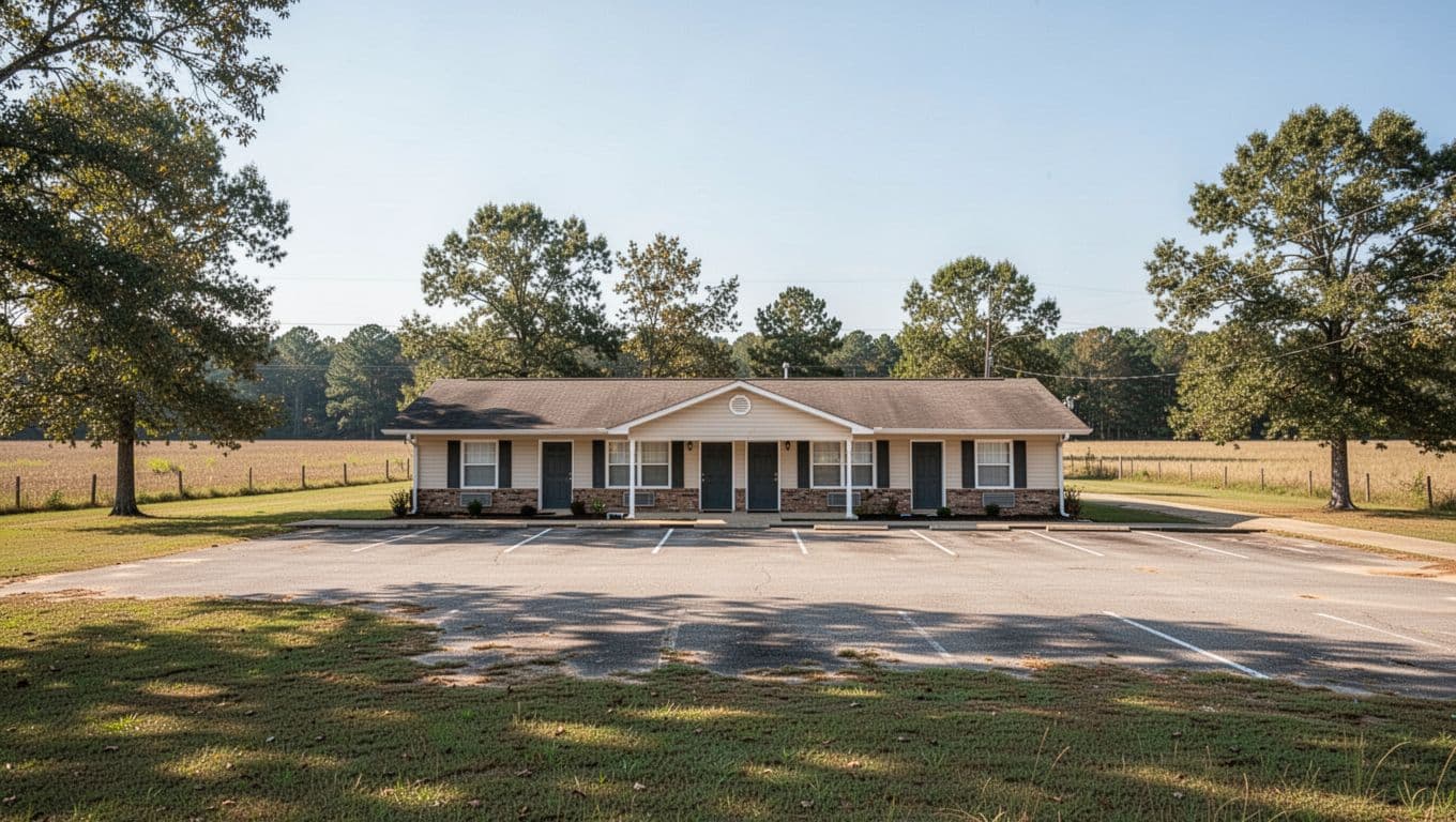 A simple roadside motel building under clear daylight in a rural area.