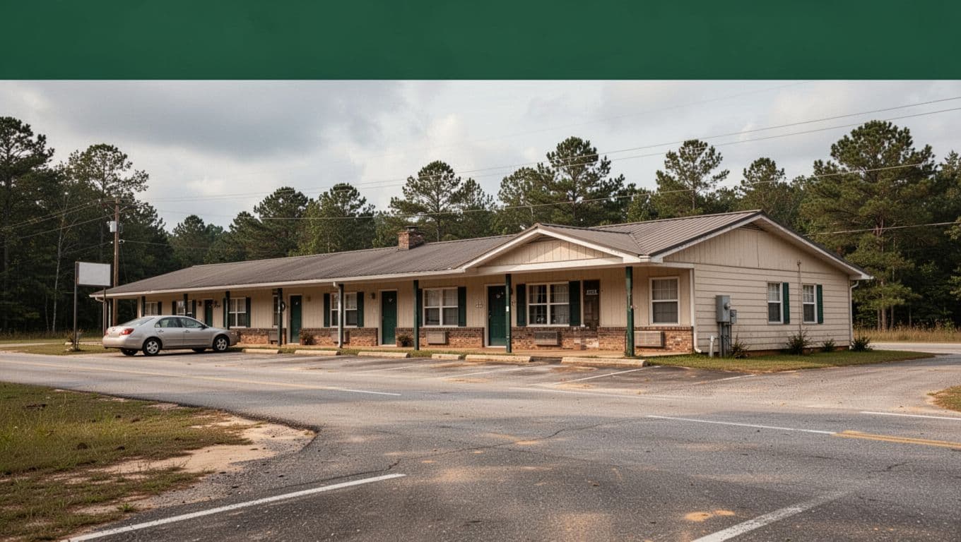 A roadside motel in rural Alabama with an overcast sky and one parked car.