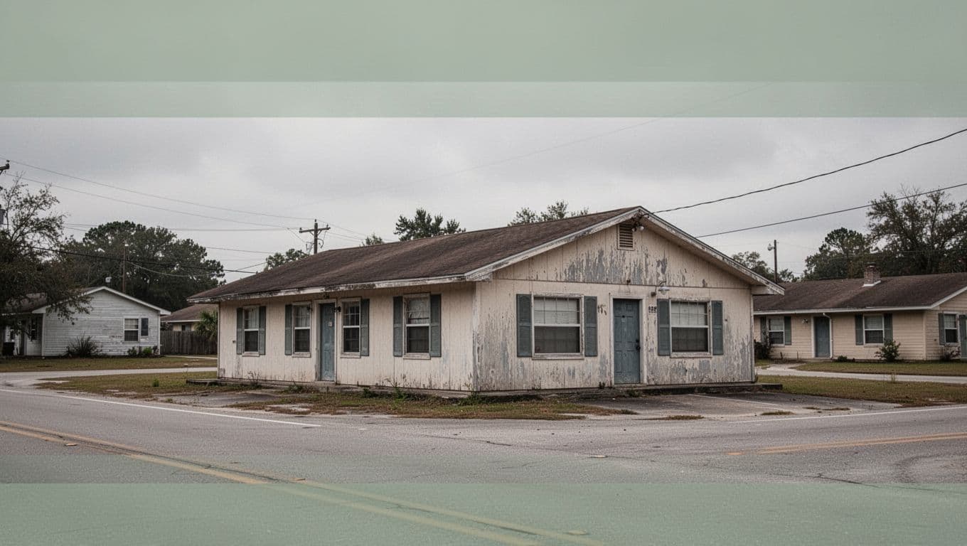 An exterior view of a budget roadside motel under a gray sky.
