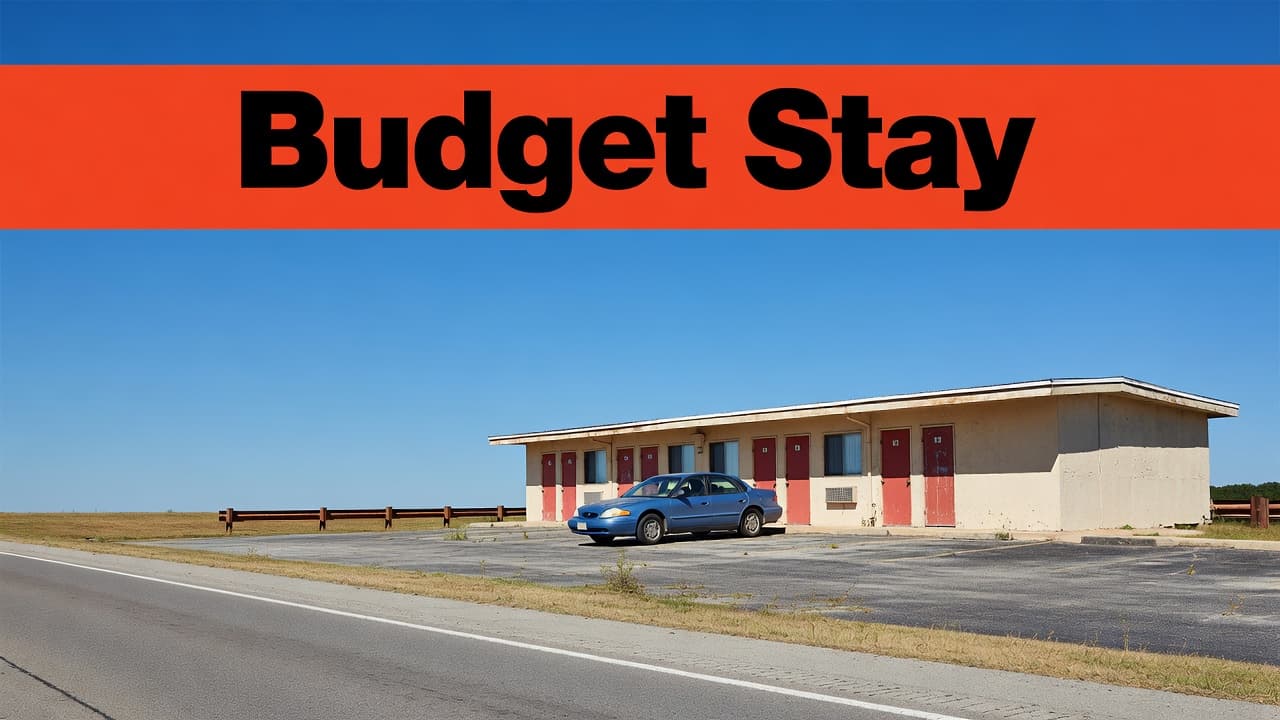 A budget motel and parked car alongside a sunny highway.