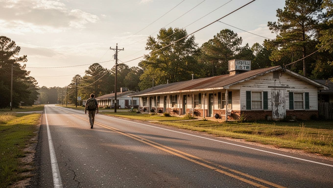 An empty rural Alabama highway under late afternoon sun with a roadside motel sign in the distance.