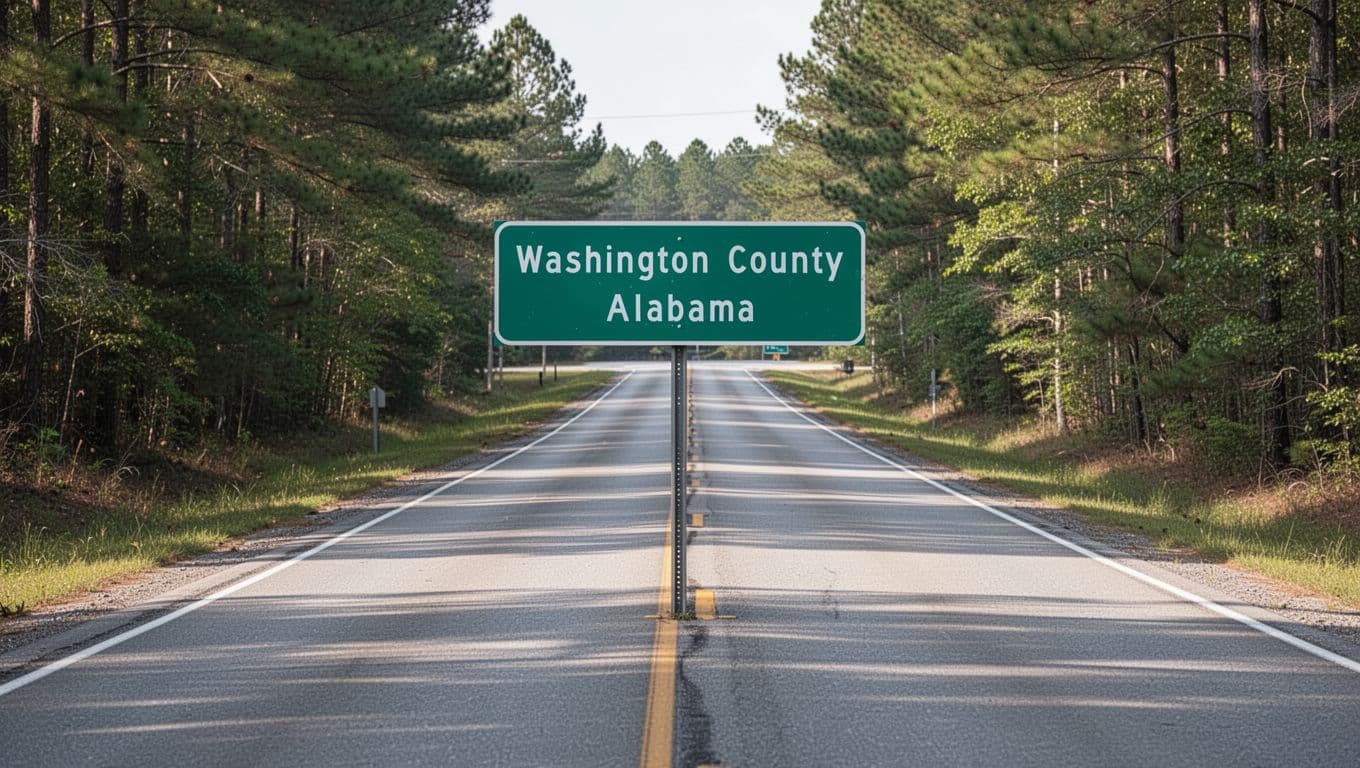 A dark green headline banner over a rural country road and highway sign in Alabama.