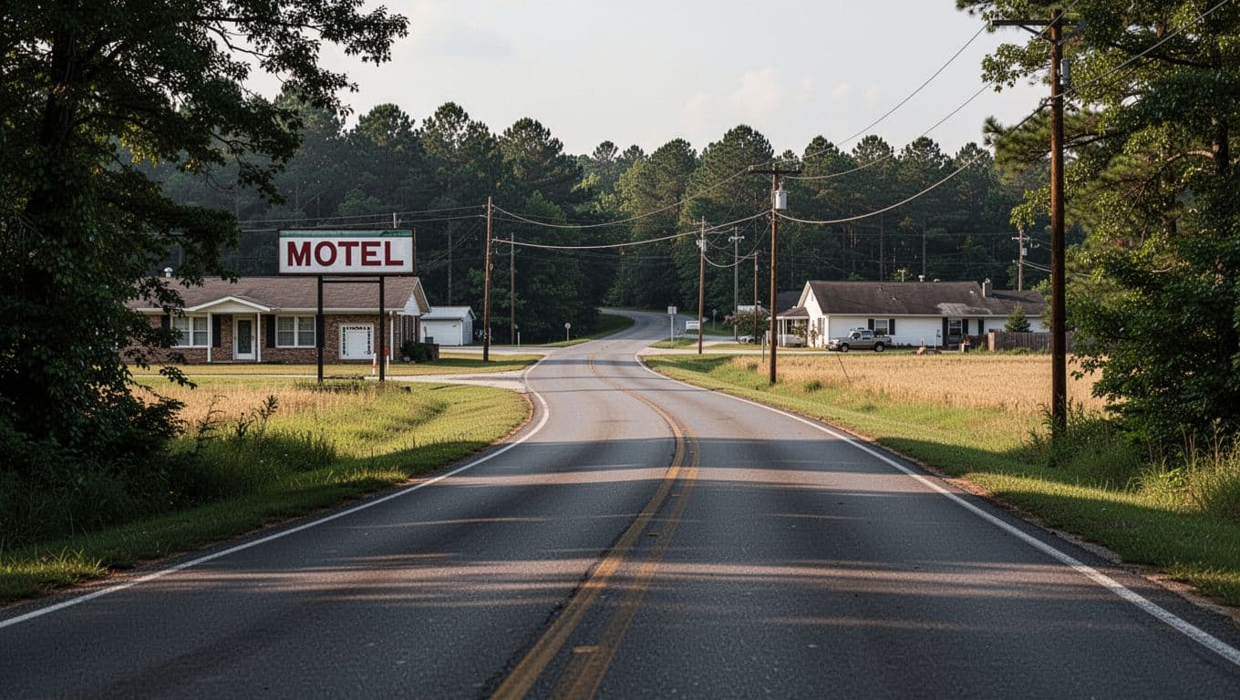 An empty country road winding past grassy fields with a distant motel sign.