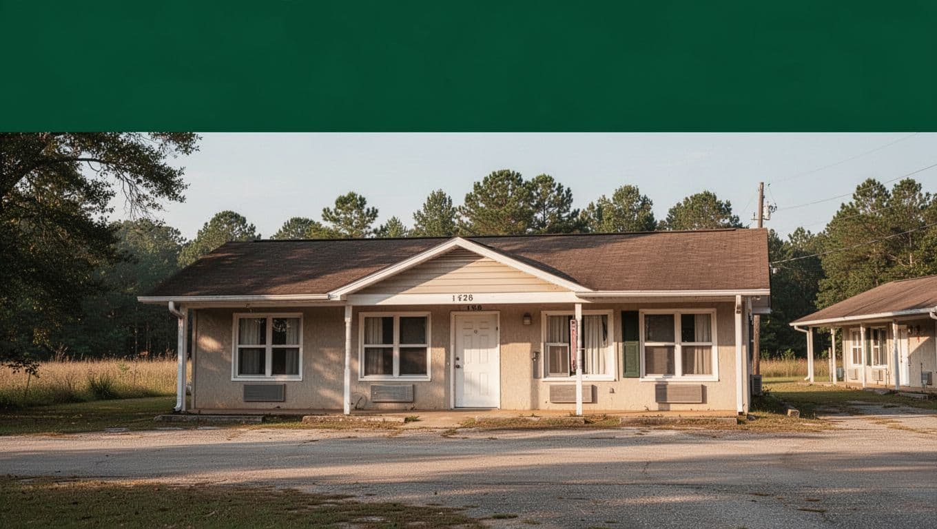 A clean motel exterior with a dark green headline banner reading Budget Stays.