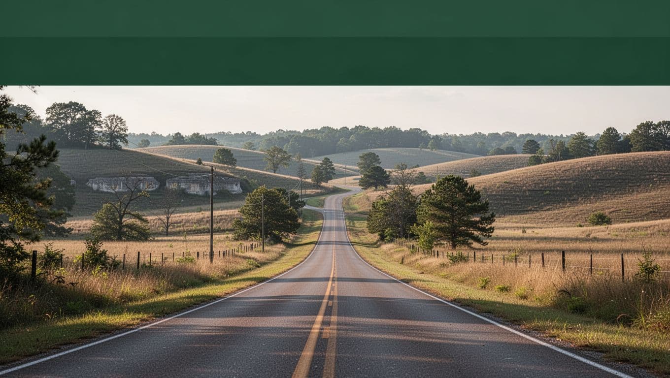 A quiet country road winds through rolling green hills under a bright sky.