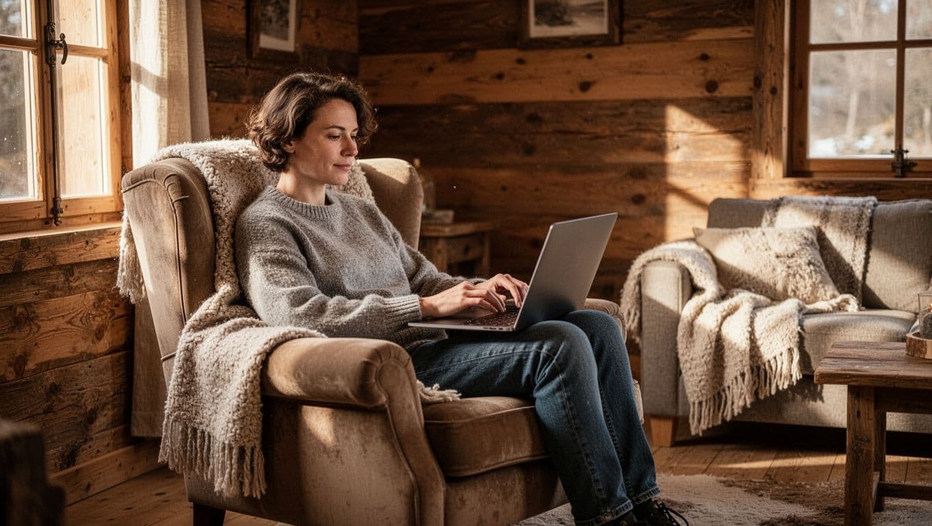A person relaxes in a rustic armchair while using a laptop to research travel plans. Warm wooden textures surround the cozy living space under a bold green header banner for accommodation.