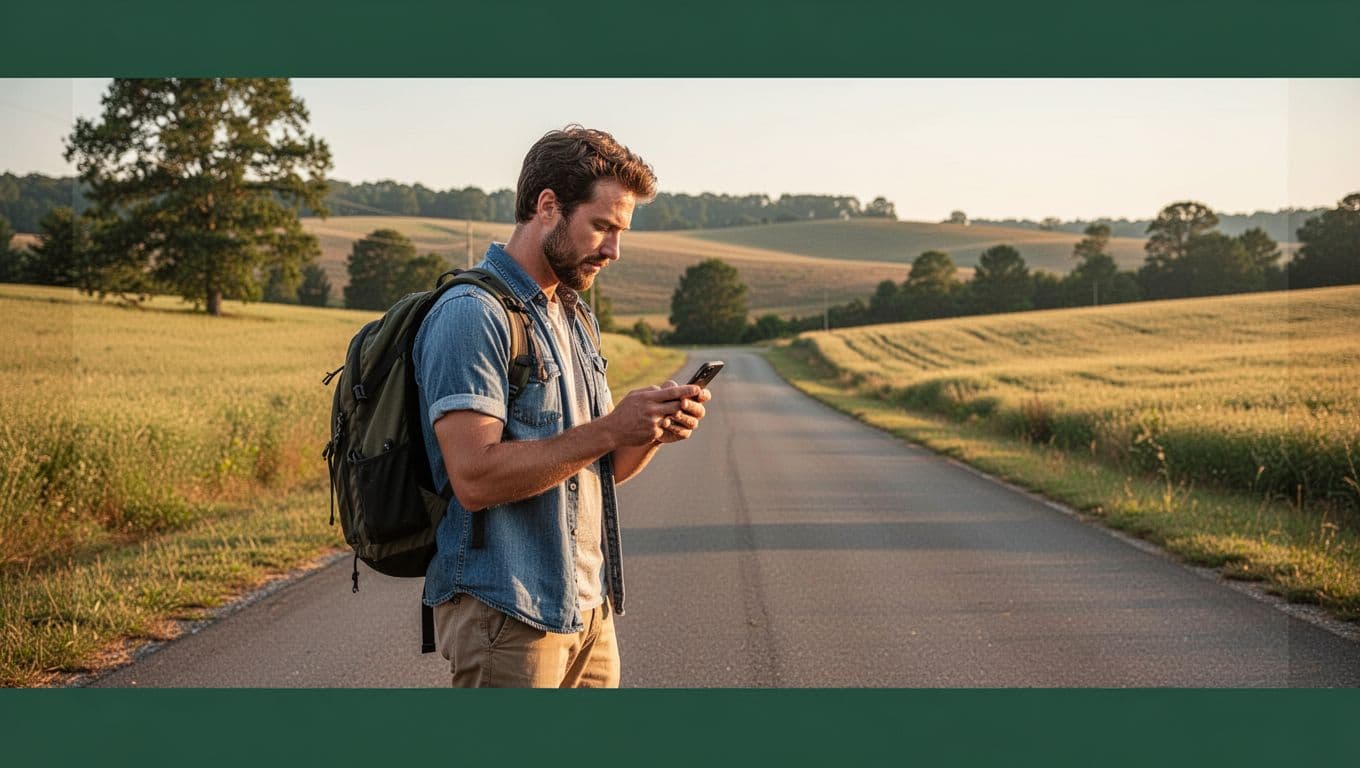 A man looks at a smartphone on a rural Alabama road.
