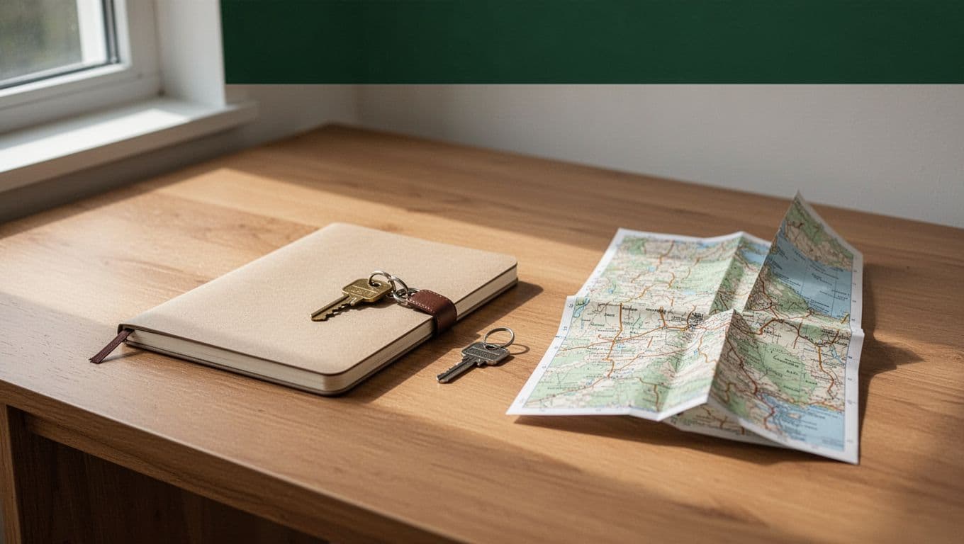 An open map, room key, and notebook on a wooden desk with natural light.