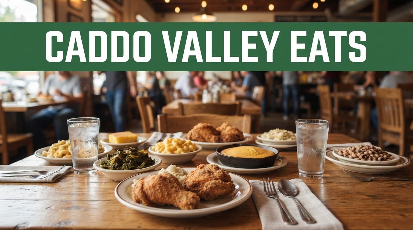 Southern dishes and water glasses sit on a rustic table beneath a green Caddo Valley Eats banner.