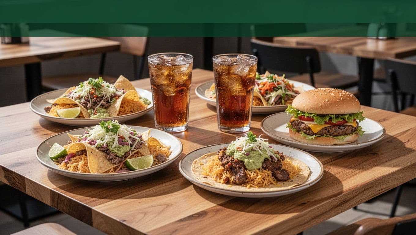 A restaurant table featuring a spread of Mexican and American food with two iced teas.