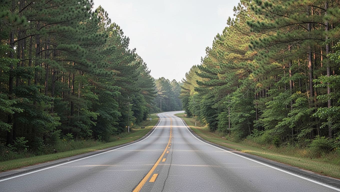 An empty rural highway winding through green pine trees beneath a clear sky.