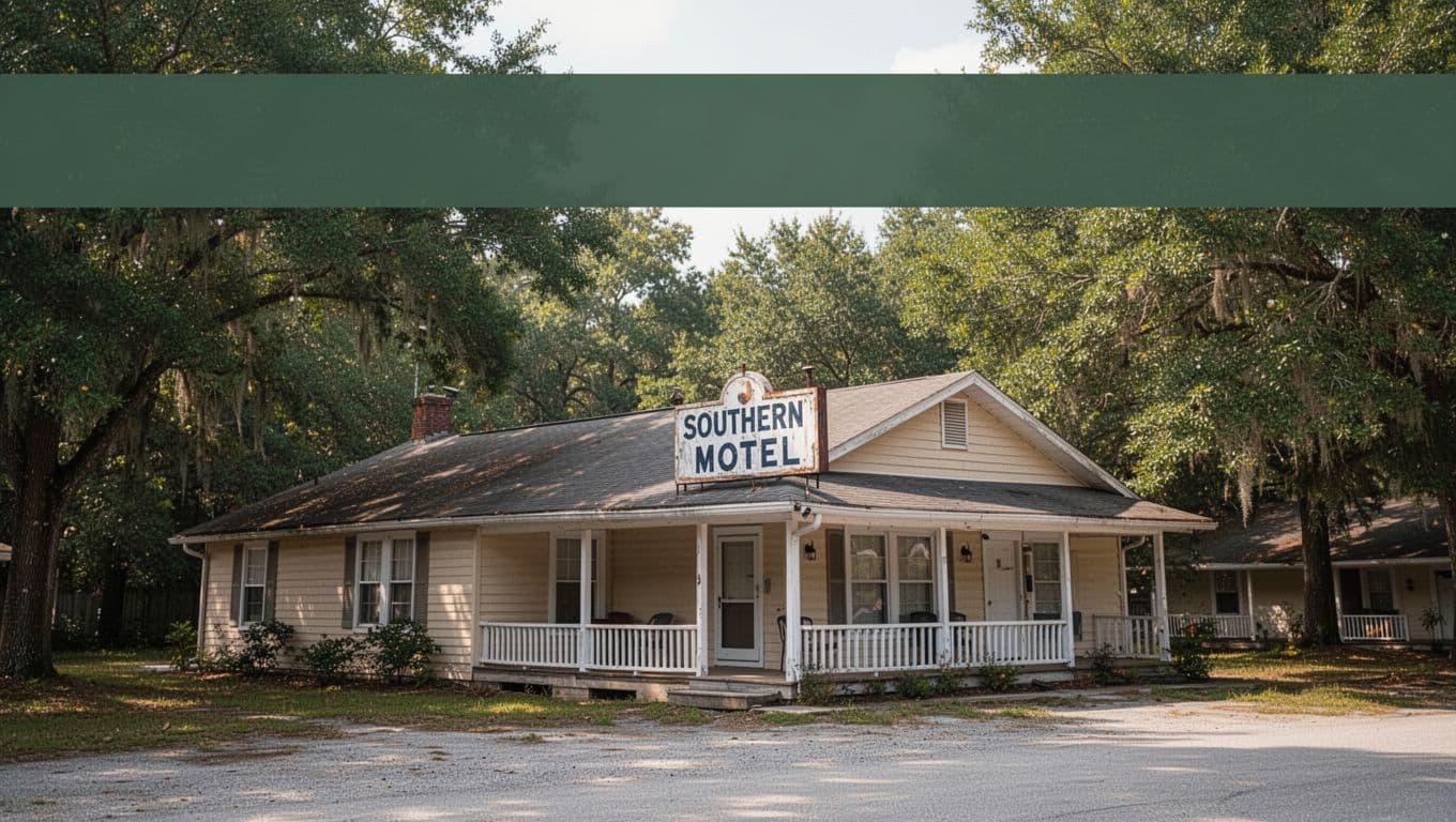 A cozy small-town southern motel exterior surrounded by green trees under soft daylight.