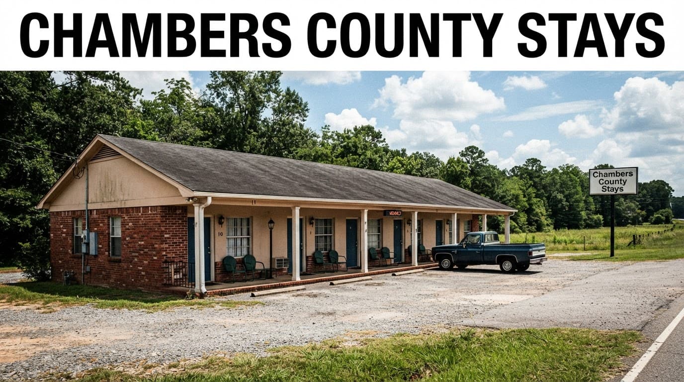 A one-story motel beside a rural road with a bold Chambers County Stays headline.