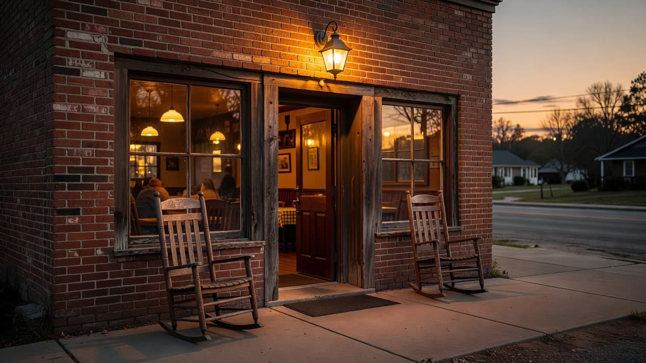 An inviting brick restaurant entrance glows under warm wall-mounted lamps in a quiet Arkansas town. The weathered facade and dark wooden door create a cozy atmosphere for local dining visitors.