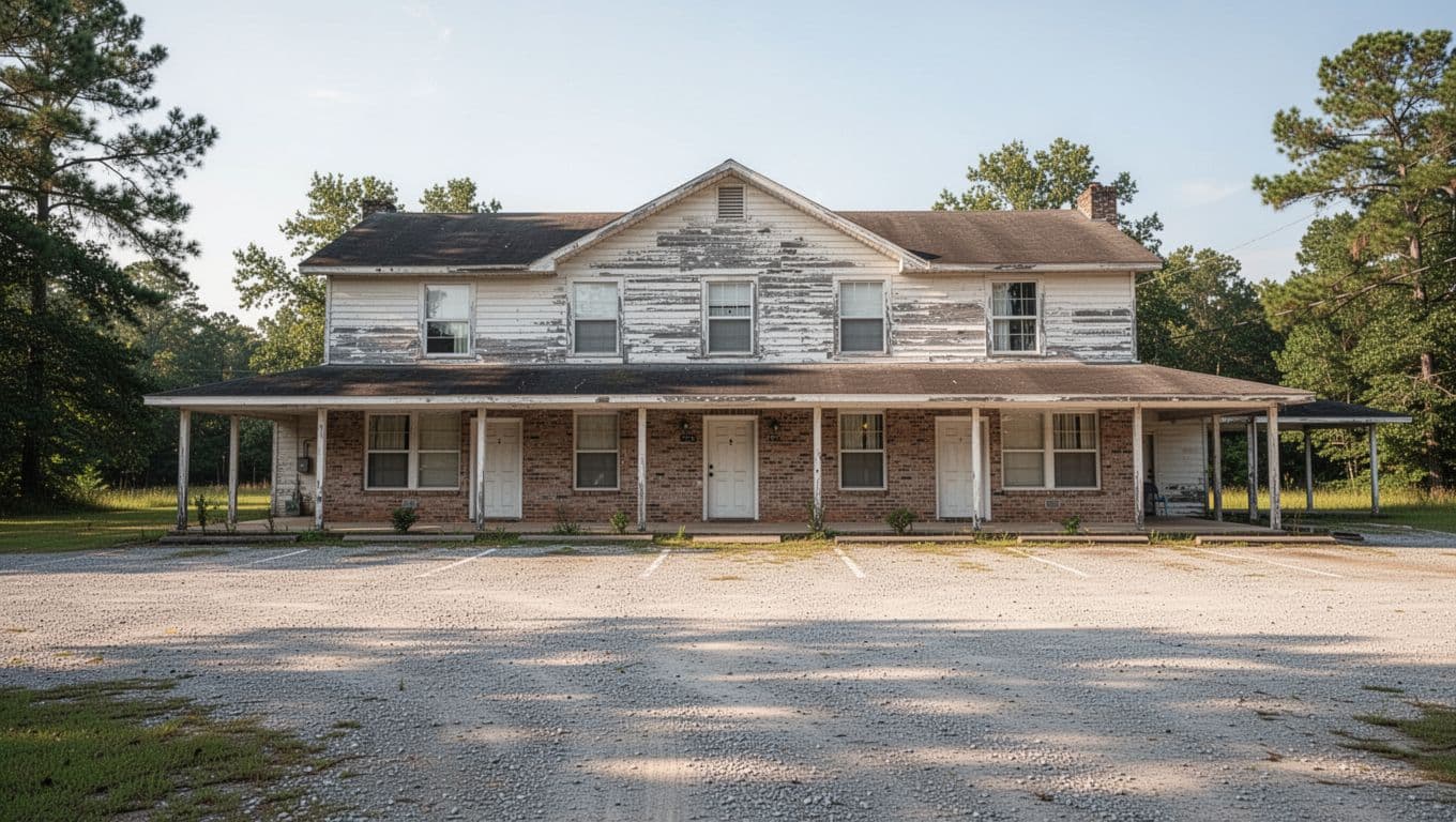 A quiet rural motel in Alabama with gravel parking under daylight.