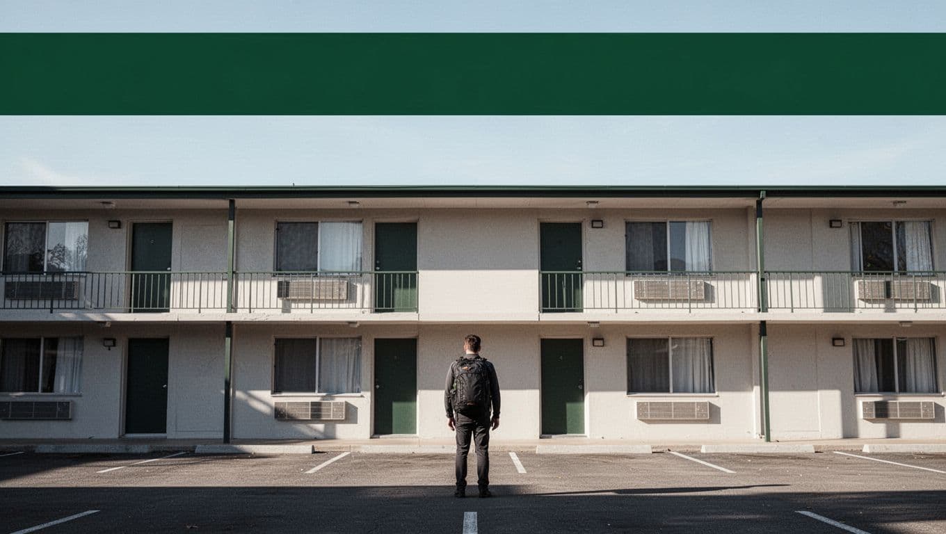 An editorial style graphic featuring a bold headline for cheap hotels over a minimal motel exterior.