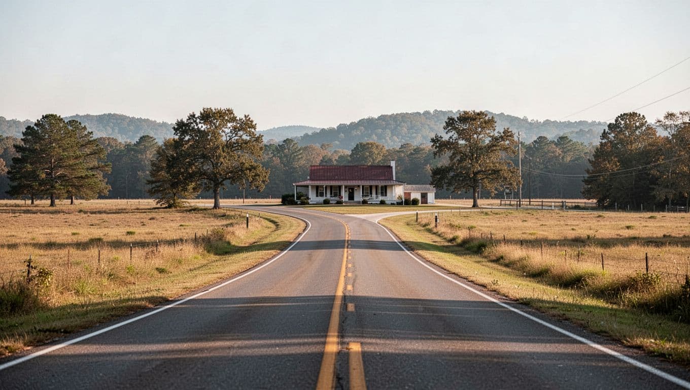 An empty country road in rural Alabama with a distant motel sign.