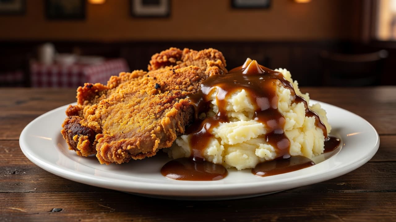 A golden-brown breaded steak rests atop a ceramic plate, covered in creamy white gravy. Beside it sits a fluffy mound of mashed potatoes, creating a quintessential American comfort food meal.