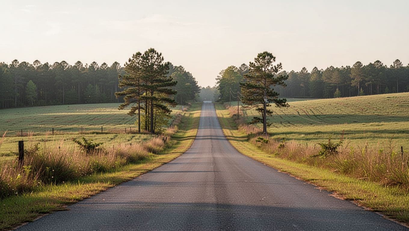 An empty asphalt road winding through a quiet rural landscape in Alabama.