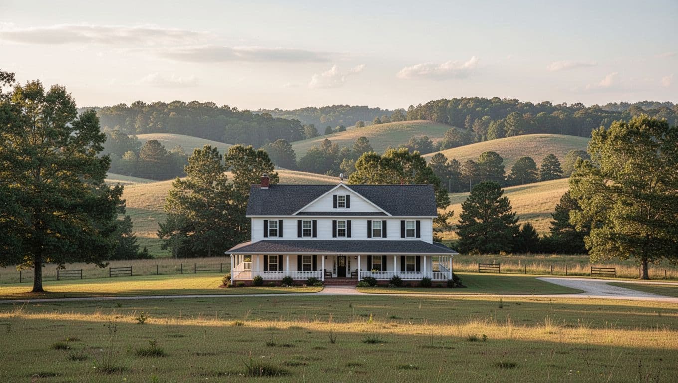 A quiet rural hotel building nestled in the Alabama countryside under afternoon sun.