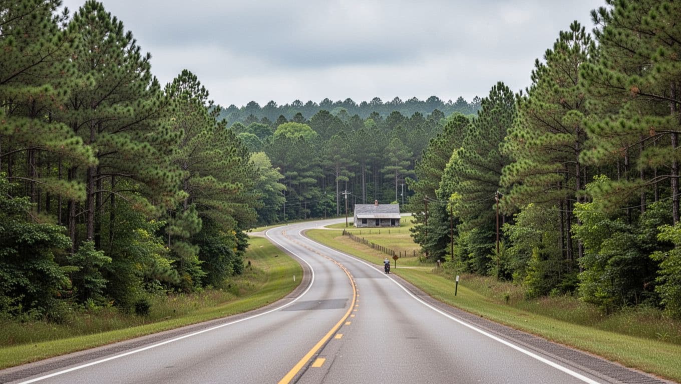 An asphalt highway curves through green pine forests under an overcast sky in Clarke County.