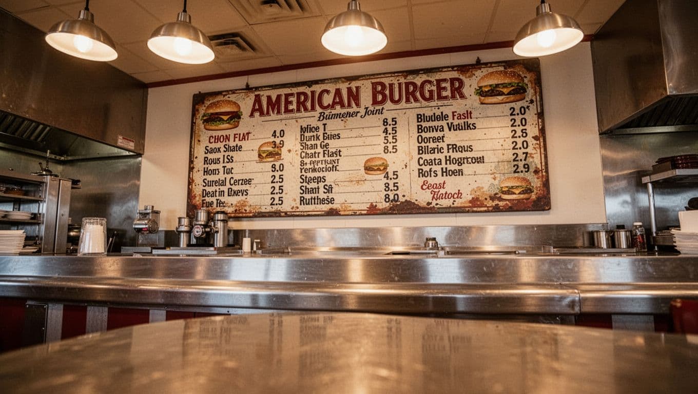 A stainless steel counter inside a vintage American burger joint with warm lighting.