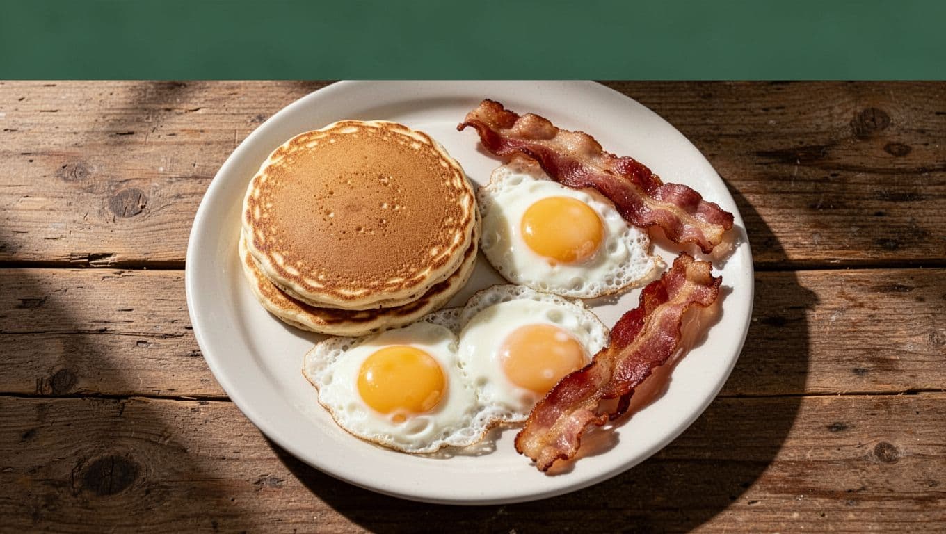 A plate of eggs, bacon, and pancakes arranged on a wooden table for a morning meal.