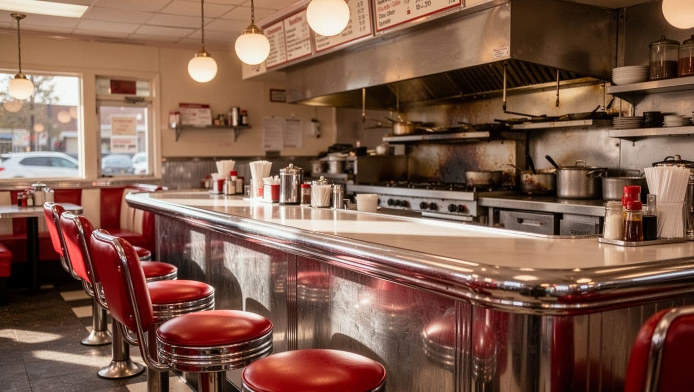 A polished chrome counter features rows of bright red stools in a clean diner setting. An open kitchen glows in the background under soft, warm lighting for a welcoming atmosphere.