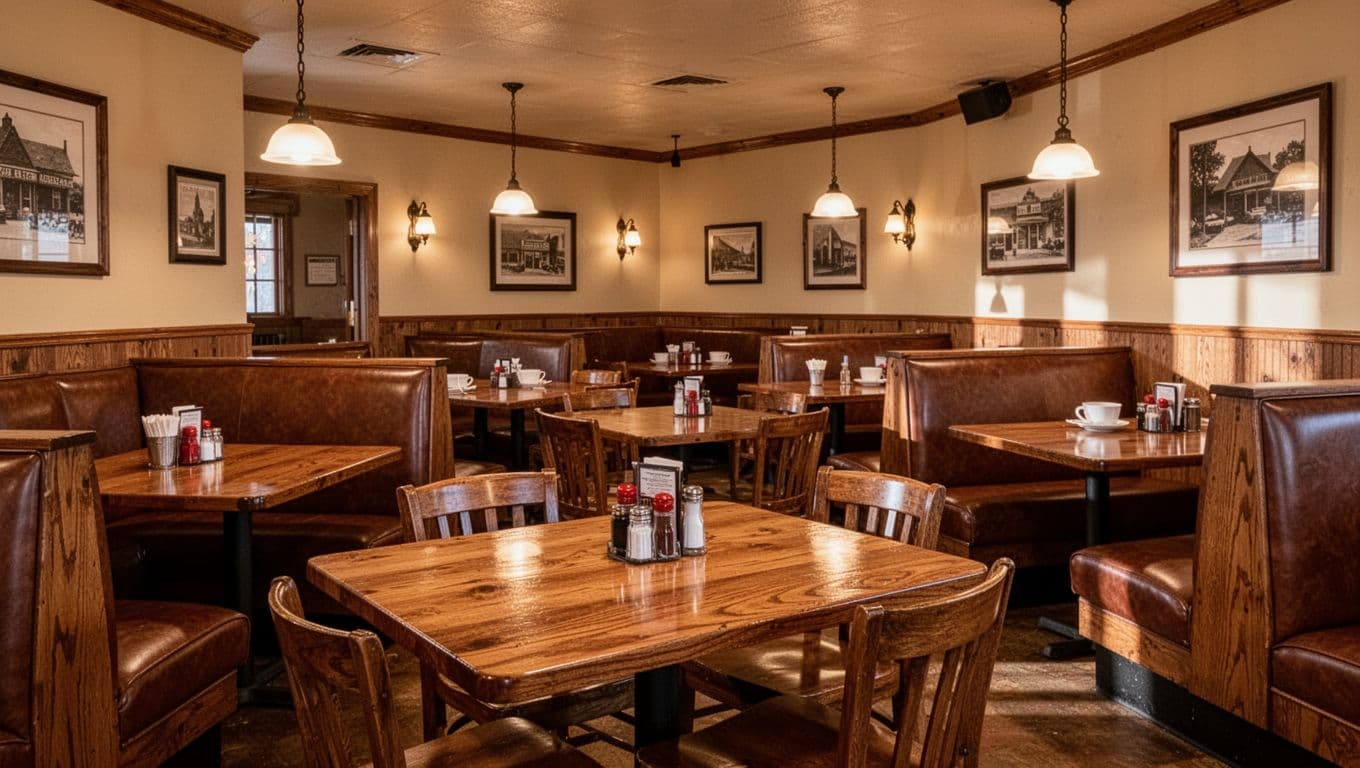 Warm interior of a traditional American diner featuring dark wooden booths and polished tables. Soft ambient lighting creates an inviting atmosphere under a dark green header displaying simple local signage.